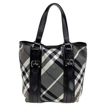 Pre Owned Burberry Black Beat Check Nylon And Patent Leather Lowry Tote