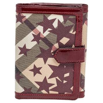 Pre Owned Burberry Beige/Burgundy Nova Check Stars Printed Coated Canvas And Patent Leather Compact Wallet
