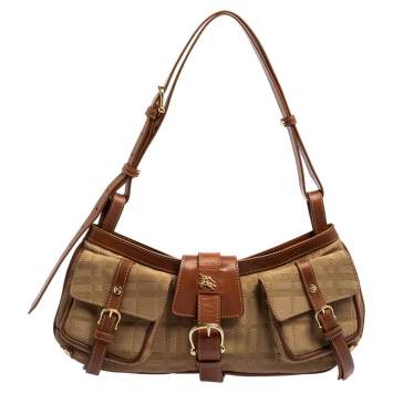 Pre Owned Burberry Brown/Beige Haymarket Check Fabric and Leather Double Pocket Shoulder Bag