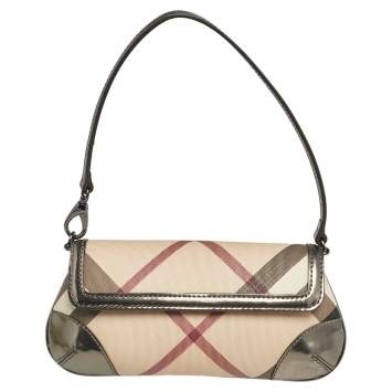 Pre Owned Burberry Metallic/Beige Nova Check PVC and Glossy Leather Emma Pochette Bag