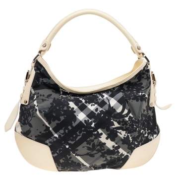 Pre Owned Burberry Black/Cream Floral Beat Check Nylon and Patent Leather Small Foley Hobo