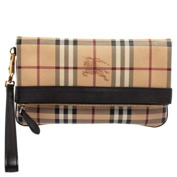 Pre Owned Burberry Beige/Brown Haymarket Check Coated Canvas Adeline Folding Wristlet Clutch