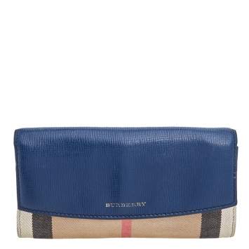 Pre Owned Burberry Navy Blue/Beige Leather and Nova Check Canvas Continental Wallet