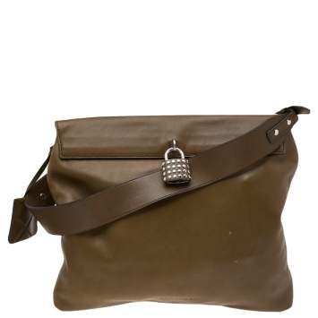 Pre Owned Burberry Olive Green Leather Studded Lock Messenger Bag