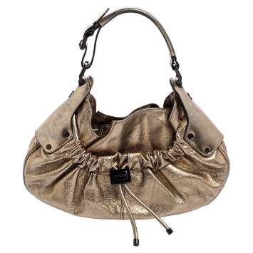 Pre Owned Burberry Gold Leather Warrior Drawstring Hobo