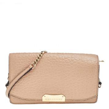 Pre Owned Burberry Beige Textured Leather Flap Wallet On Chain