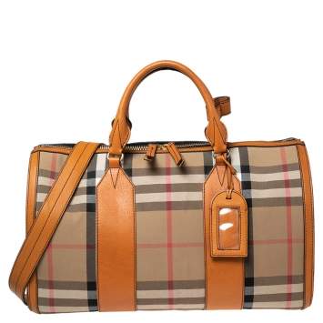 Pre Owned Burberry Orange/Beige House Check Canvas and Leather Duffel Bag