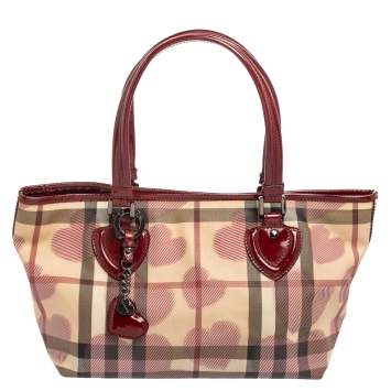Pre Owned Burberry Red/Beige House Check Heart PVC and Patent Leather Open Tote
