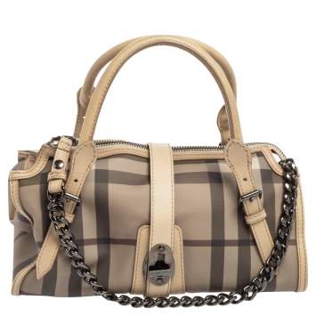 Pre Owned Burberry Beige/Grey Smoked Check PVC and Leather Bartow Bowler Bag