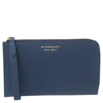 Pre Owned Burberry Navy Blue Leather Zip Around Wristlet Clutch