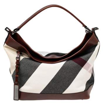 Pre Owned Burberry Brown Check Canvas and Leather Bucket Shoulder Bag