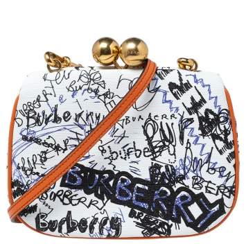 Pre Owned Burberry Orange/White Doddle Print Canvas and Leather Frame Clutch Bag