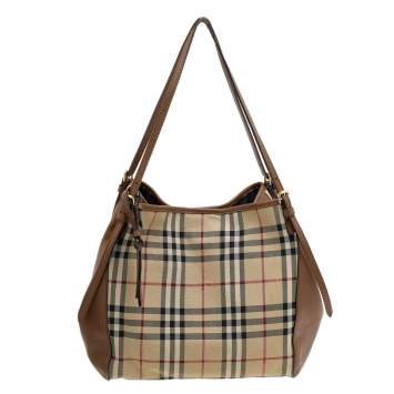 Pre Owned Burberry Beige/Brown Leather And Haymarket Check Canvas Canterbury Tote
