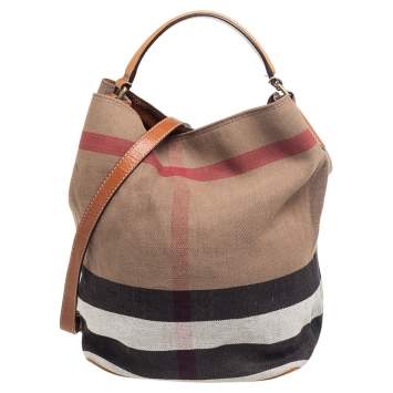 Pre Owned Burberry Beige/Brown Supernova Check Canvas And Leather Ashby Bucket Bag