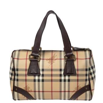 Pre Owned Burberry Beige Haymarket Coated Canvas and Leather Chester Bowling Bag