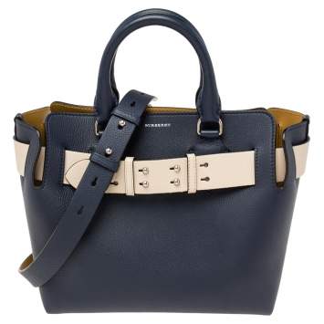 Pre Owned Burberry Navy Blue Leather Small Belt Tote