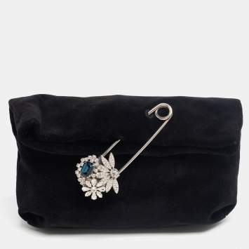 Pre Owned Burberry Black Velvet Crystal Embellished Pin Clutch