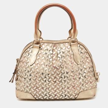 Pre Owned Burberry Gold/Beige Woven Haymarket Check PVC and Leather Thornley Satchel