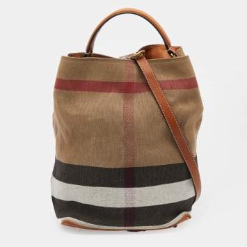 Pre Owned Burberry Brown/Beige Leather And Check Canvas Medium Ashby Bucket Bag