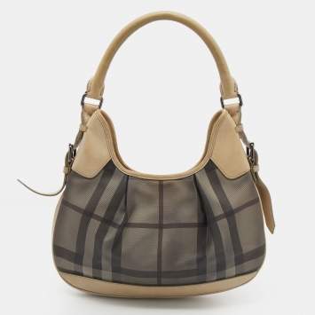 Pre Owned Burberry Beige Coated Canvas And Leather Small Brooklyn Hobo