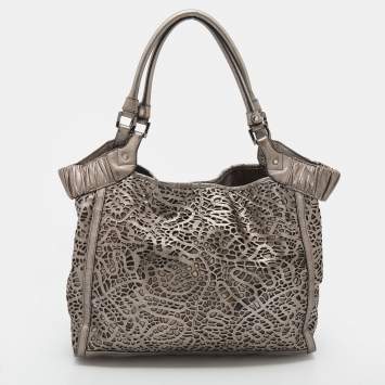 Pre Owned Burberry Metallic Taupe Laser Cut Leather and Coated Canvas Tote