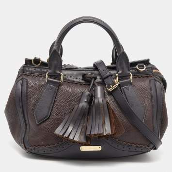 Pre Owned Burberry Dark Brown Brogue Leather Tassel Satchel