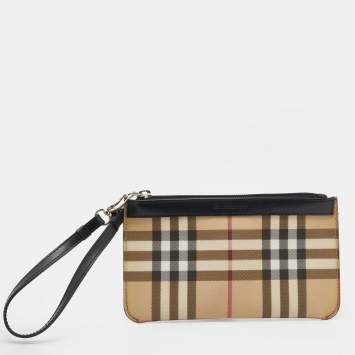 Pre Owned Burberry Beige Nova Check Coated Canvas Wristlet Clutch