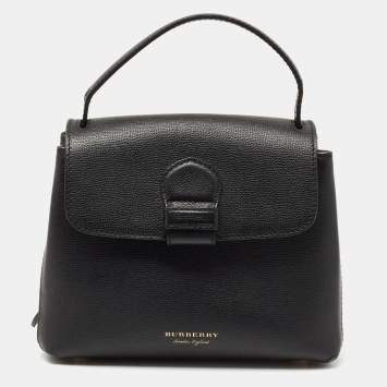 Pre Owned Burberry Black/Beige Leather And House Check Fabric Small Camberley Top Handle Bag
