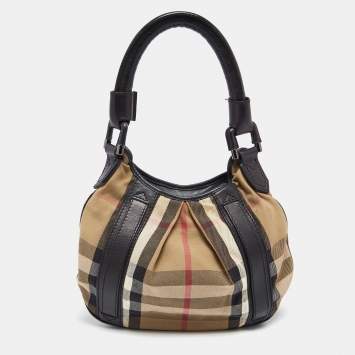 Pre Owned Burberry Black/Beige House Check Canvas and Leather Small Phoebe Hobo