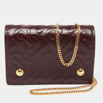 Pre Owned Burberry Burgundy TB Monogram Leather Chain Card Case