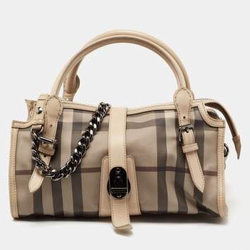 Pre Owned Burberry Beige/Grey Smoked Check PVC And Leather Bartow Bowler Bag