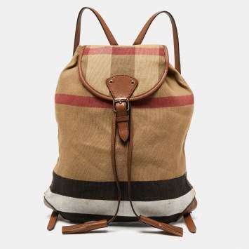 Pre Owned Burberry Beige Check Canvas And Leather Chiltern Drawstring Backpack