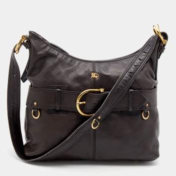 Pre Owned Burberry Dark Brown Leather Buckle Detail Shoulder Bag