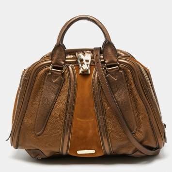Pre Owned Burberry Metallic Bronze Leather And Suede Satchel 