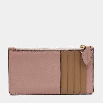 Pre Owned Burberry Pink/Beige Leather Zip Card Holder