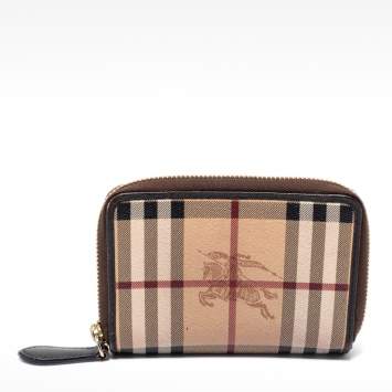 Pre Owned Burberry Beige/Brown Haymarket Check PVC and Leather Zip Around Wallet