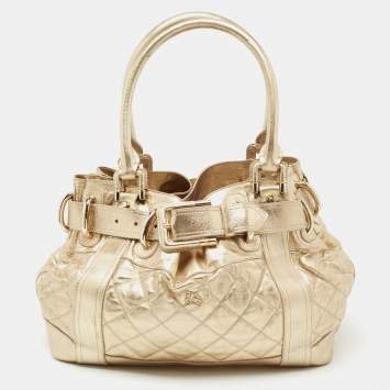 Pre Owned Burberry Gold Quilted Glossy Leather Large Beaton Tote