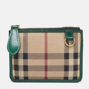 Pre Owned Burberry Beige/Green PVC and Leather Zip Card Holder