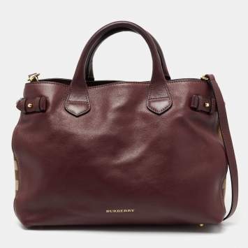 Pre Owned Burberry Burgundy Leather and House Check Canvas Medium Banner Tote