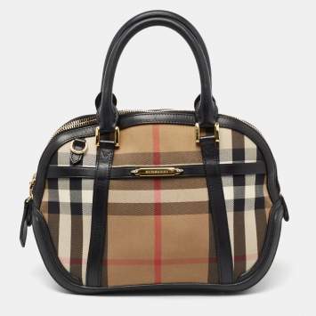 Pre Owned Burberry Beige/Black House Check Canvas And Leather Orchard Bowling Bag