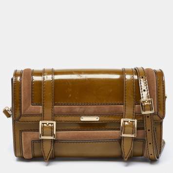 Pre Owned Burberry Olive Green Patent Leather And Suede Shoulder Bag