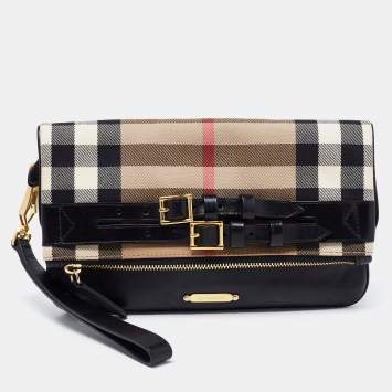 Pre Owned Burberry Black House Check Canvas and Leather Adeline Fold Over Clutch