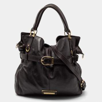 Pre Owned Burberry Dark Brown Pebbled Leather Belted Tote