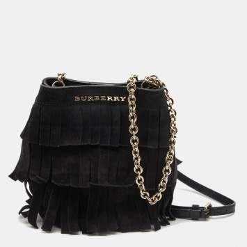 Pre Owned Burberry Black Suede Mini Fringe Bucket Bag