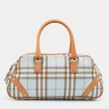 Pre Owned Burberry Light Blue/Tan House Check PVC and Leather Satchel