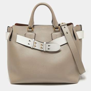 Pre Owned Burberry Grey/White Grained Leather Medium Belt Tote