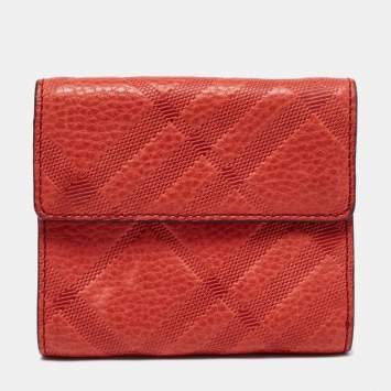 Pre Owned Burberry Red Leather Trifold Compact Wallet