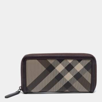 Pre Owned Burberry Brown Coated Canvas And Leather Smoked Check Zip Around Wallet