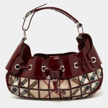 Pre Owned Burberry Beige/Burgundy Super Nova Check Mini Warrior Studded Hobo