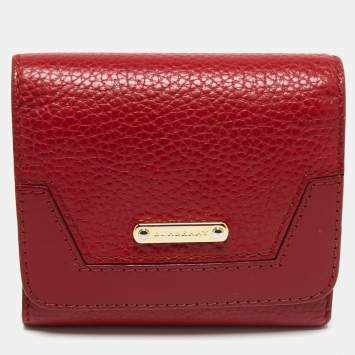 Pre Owned Burberry Red Leather Logo Trifold Compact Wallet